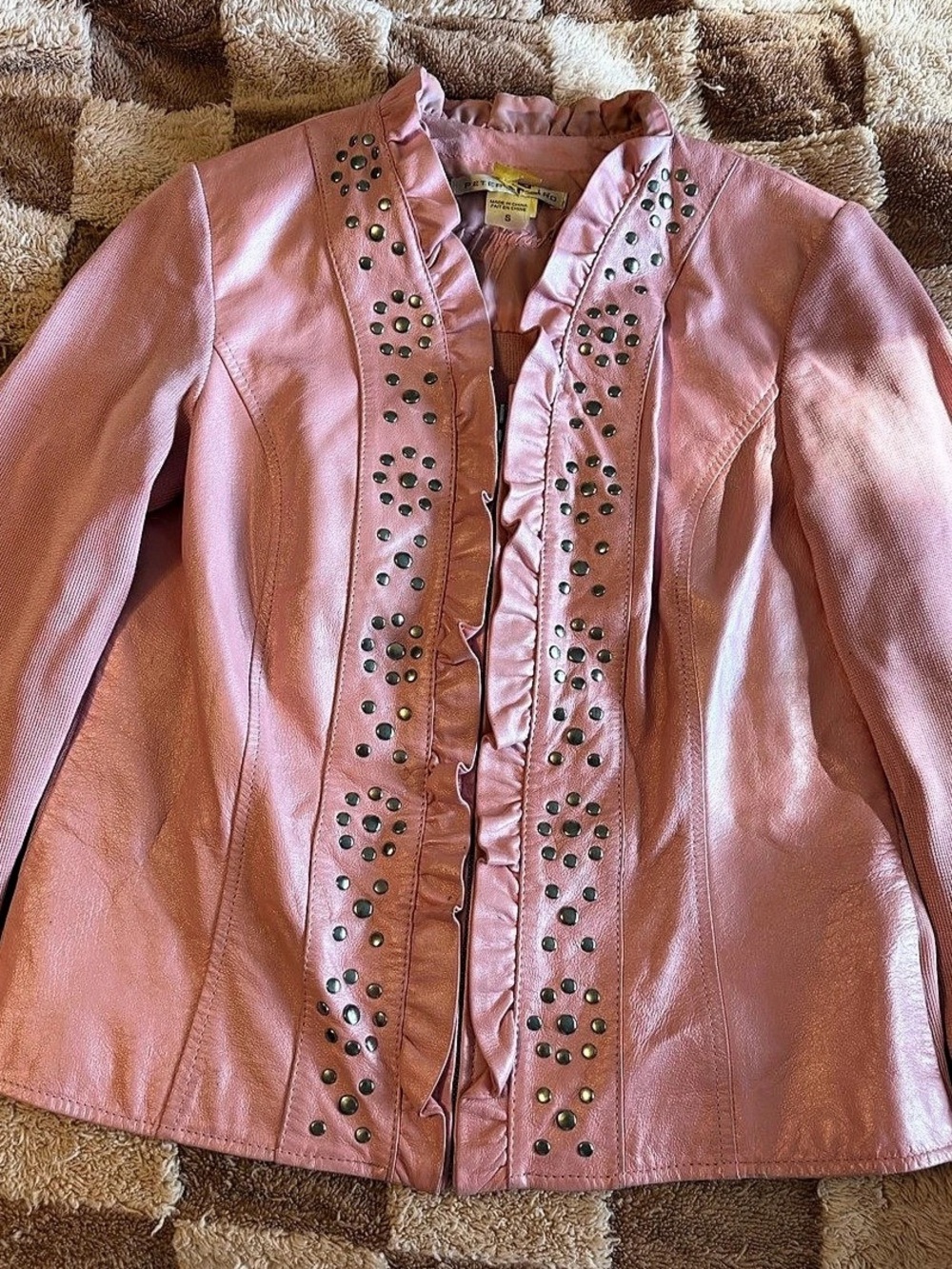 Peter Nygard Y2K Studded Ruffle Pink Leather Elastic Jacket Small